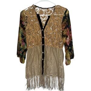 BKE Boutique Lace Fringe Cardigan Women’s Size S Boho Sheer Floral Sleeve Kimono